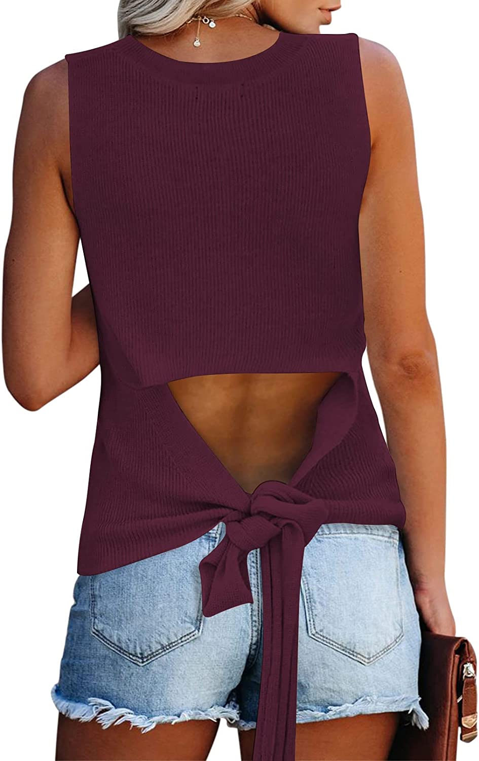 Cutiefox Women's Summer Tie Back Knitted Tank Tops Loose Halter Neck  Sleeveless Tunic Tops Shirts