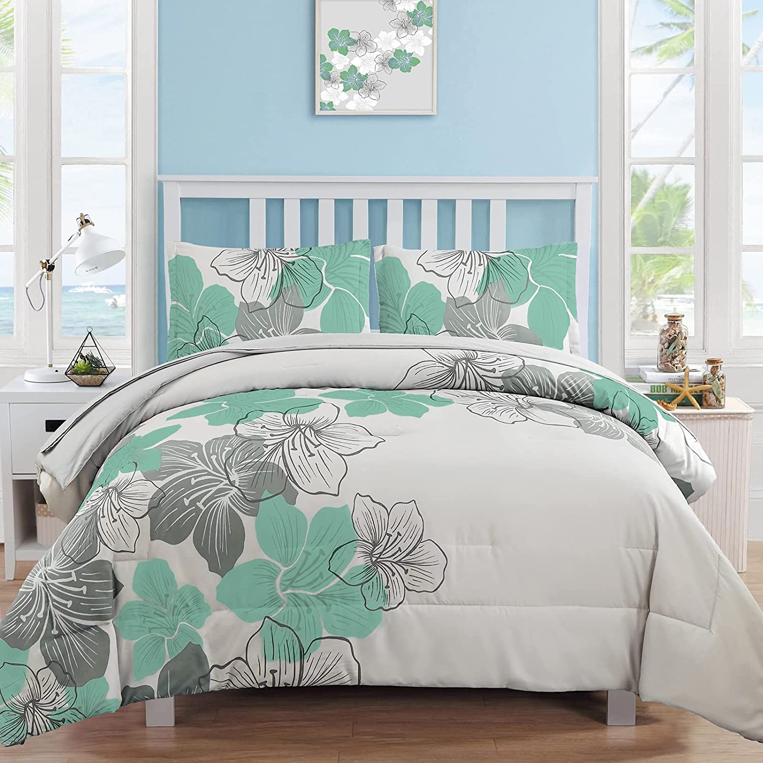 Green Floral Comforter Set Queen - Mint Green Floral Pattern Printed on Grey