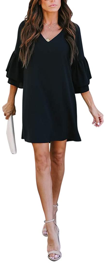 BELONGSCI Womens Dress Sweet & Cute V-Neck Bell Sleeve Shift Dress Mini Dress