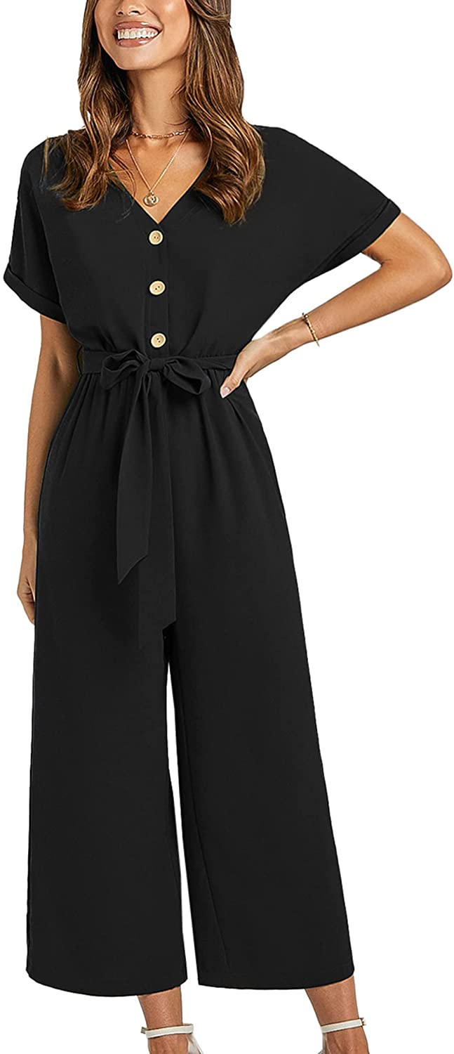  ECOWISH Women Long Pants Jumpsuit: Spring Dressy Sleeveless Wide  Leg Romper V Neck Solid color one piece Overalls Black S : Clothing, Shoes  & Jewelry