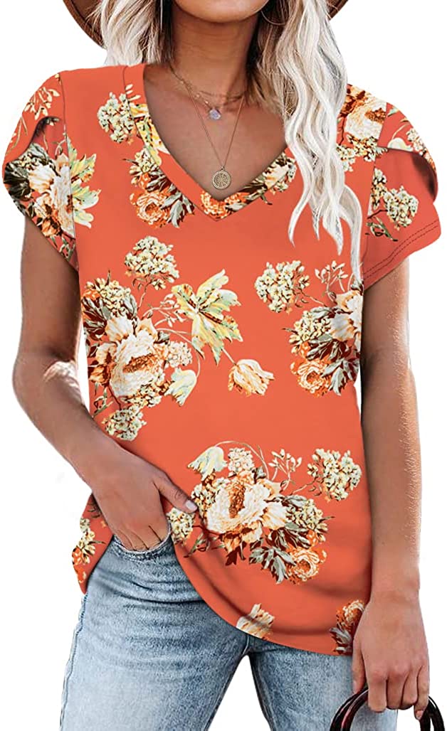 WIHOLL Womens Tops V Neck Summer Petal Sleeve Casual Tshirts