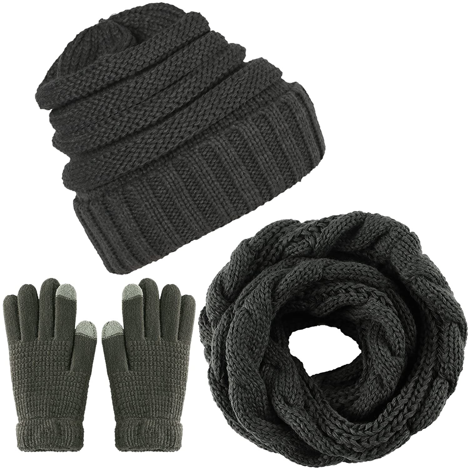 Aneco Winter Warm Sets Buffalo Plaid Scarf Knitted Beanie Hat Gloves Earloop Warm Cover for Men and Women 