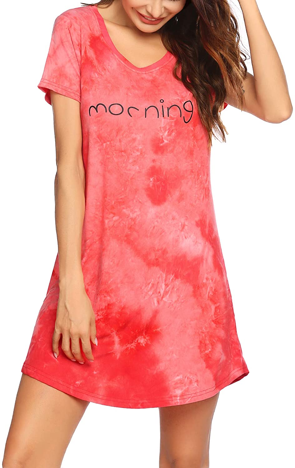 Hotouch Nightgown for Women Sleeping Short Sleeve Sleep Dress Cute Print Night S