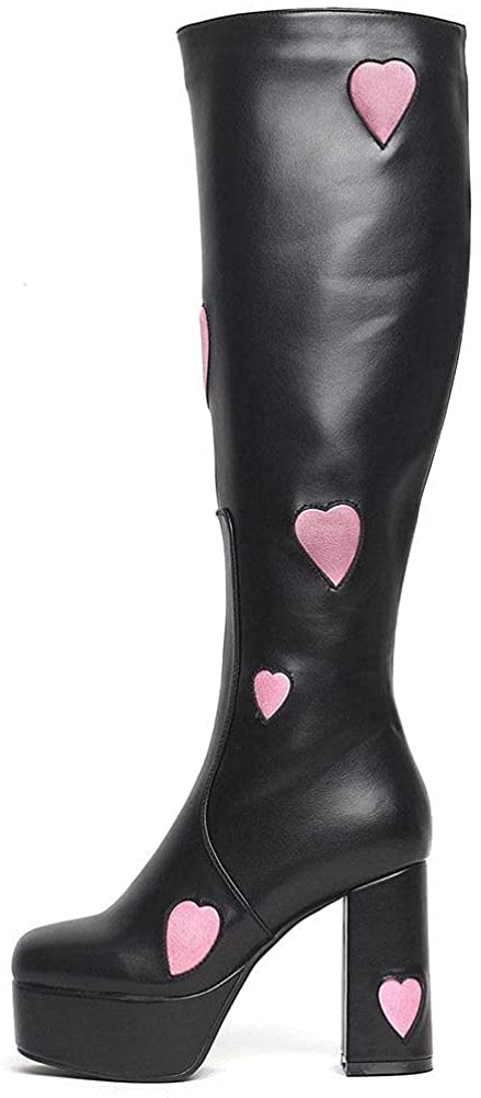 Womens Knee High Boots Side Zipper Sweet Heart Chunky High Heel Go Go Lolita Platform Boots 