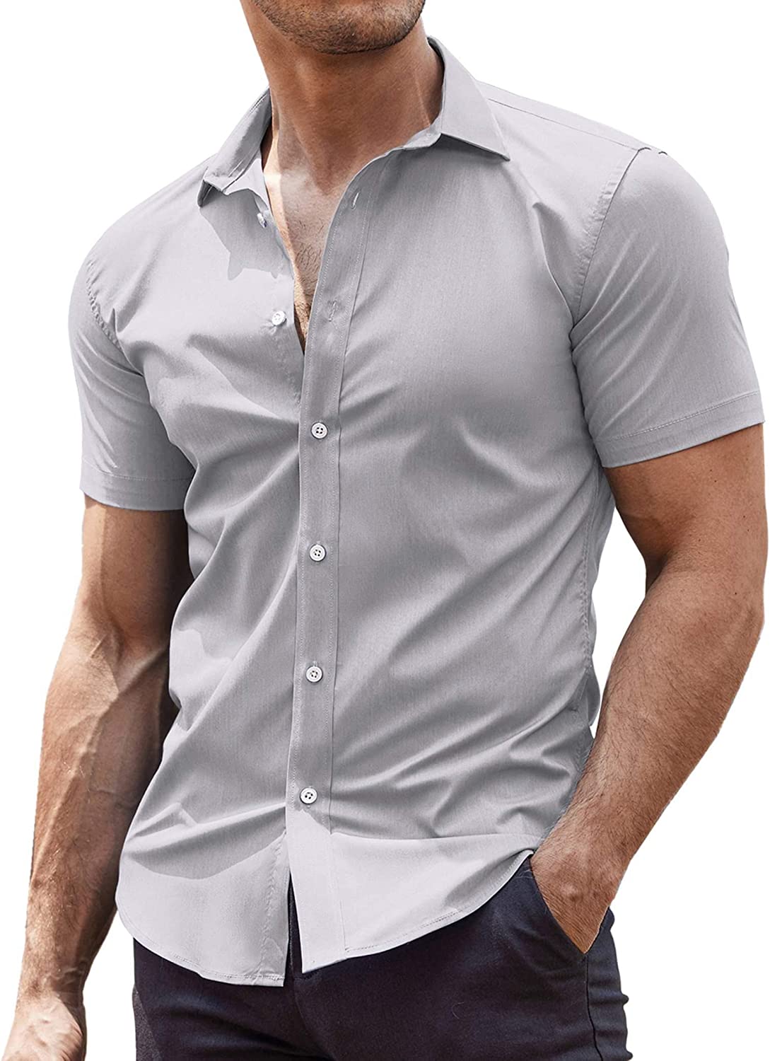 COOFANDY Men's Muscle Fit Dress Shirts Wrinkle-Free Short Sleeve Casual  Button D