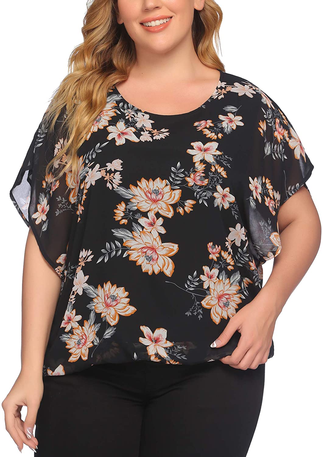 IN'VOLAND Plus Size Women Chiffon Blouse Batwing Sleeve Tops Scoop