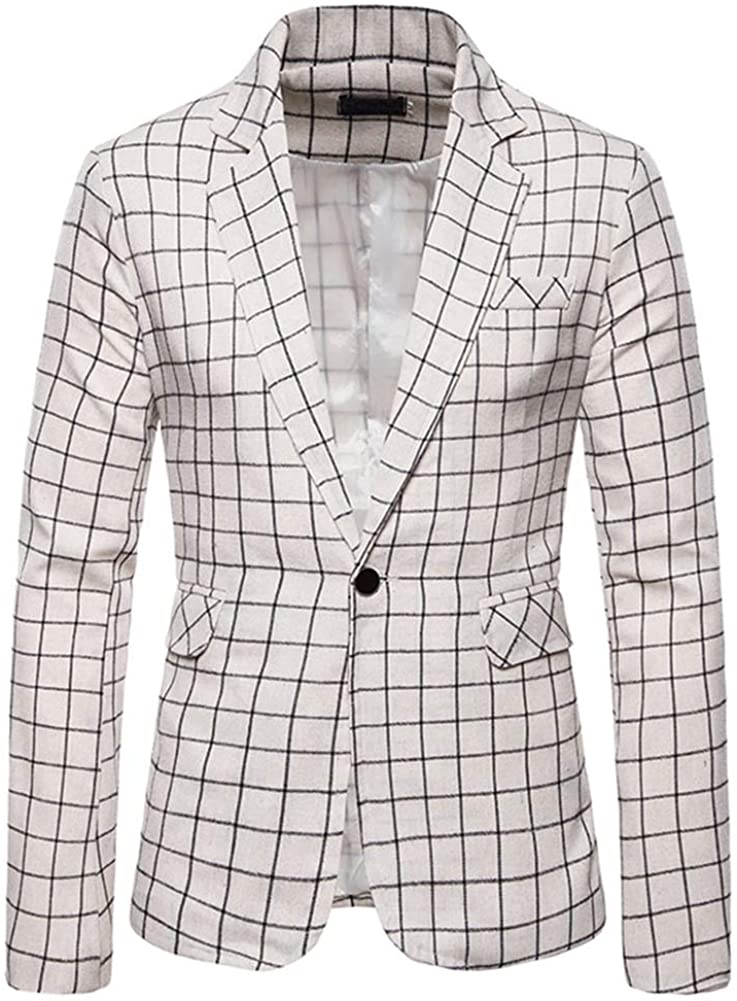 Mens Dress Plaids Suit Notched Lapel One Button Stylish Casual Blazer Jacket 