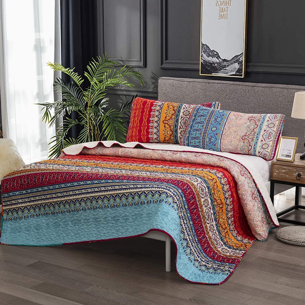 wongs-bedding-bohemian-quilt-set-queen-boho-striped-pattern-printed-quilt-cover-ebay