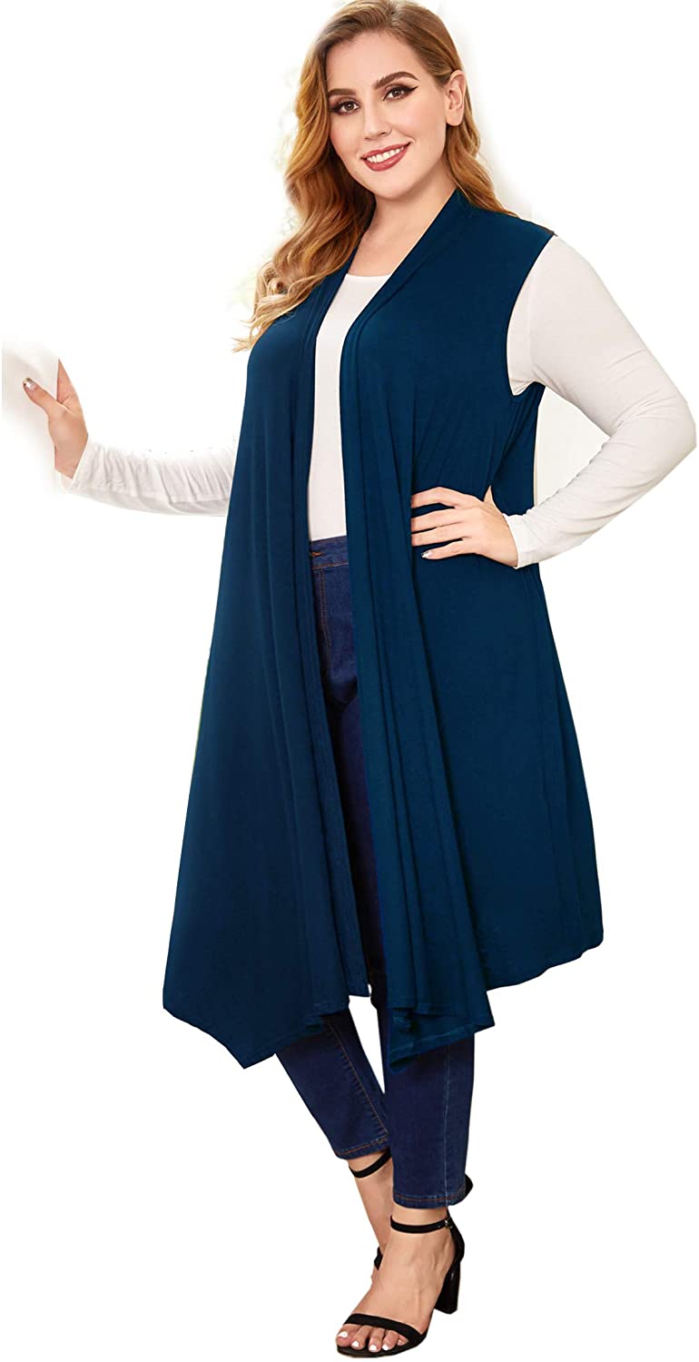 IN'VOLAND Womens Plus Size Sleeveless Cardigan Vest Long Duster Cardigan Open Front Asymetric Hem 