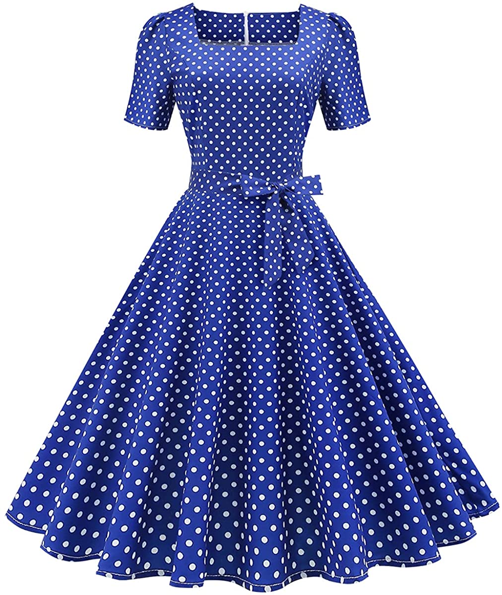 Women Vintage 50s 1950s Dress Square Neck A-line Polka Dot