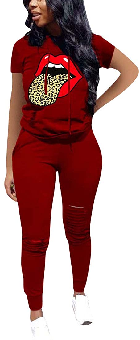 Women 2 Piece Outfits Sequin Tongue Lips Print Tops Tight Short Shorts Tracksuit Set 2 Piece Sweatsuit 