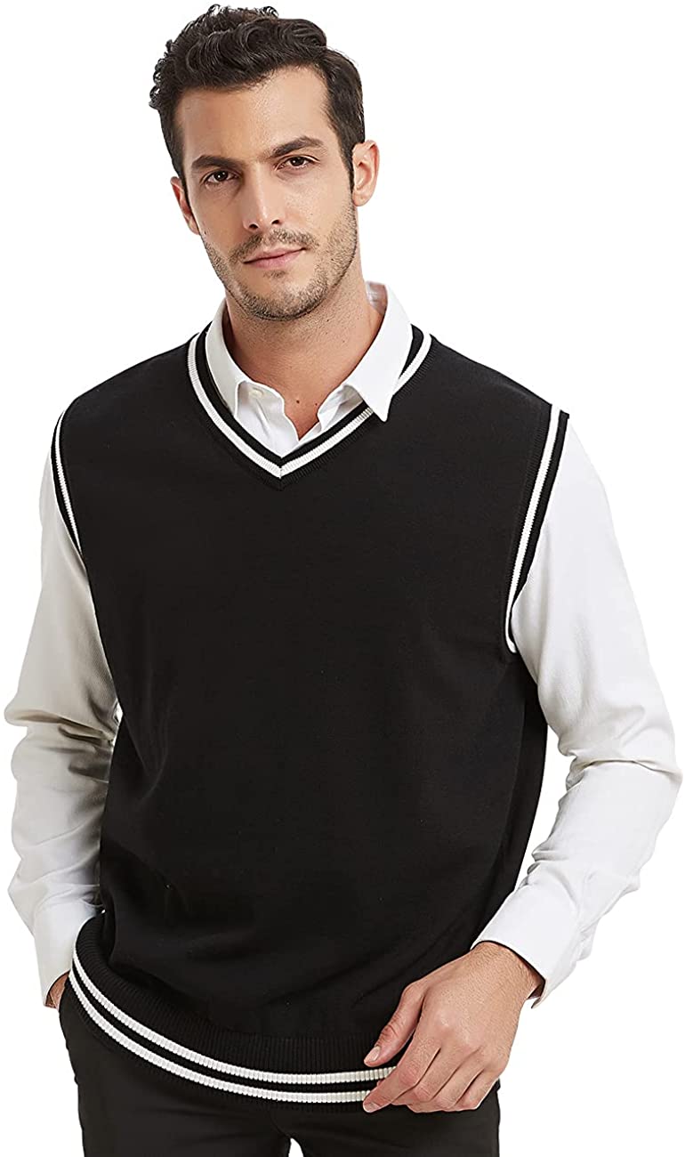 TOPTIE Mens Business Solid Color Plain Sweater Vest, Cotton Fit