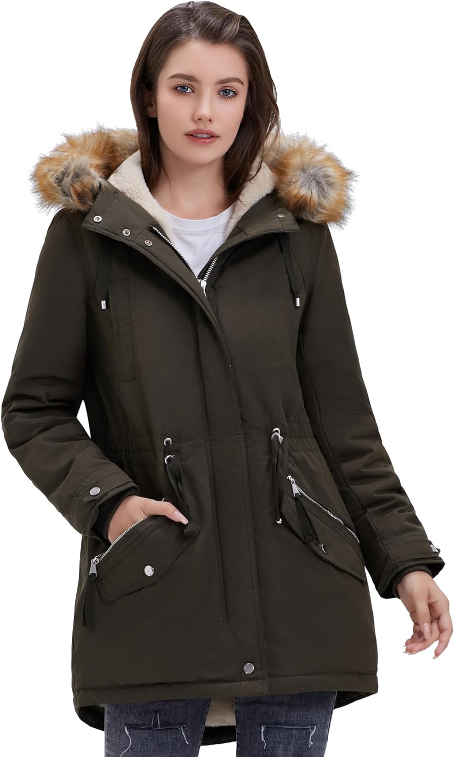 Womens Winter Coats Faux Fur Lining Parka With Fur Hood