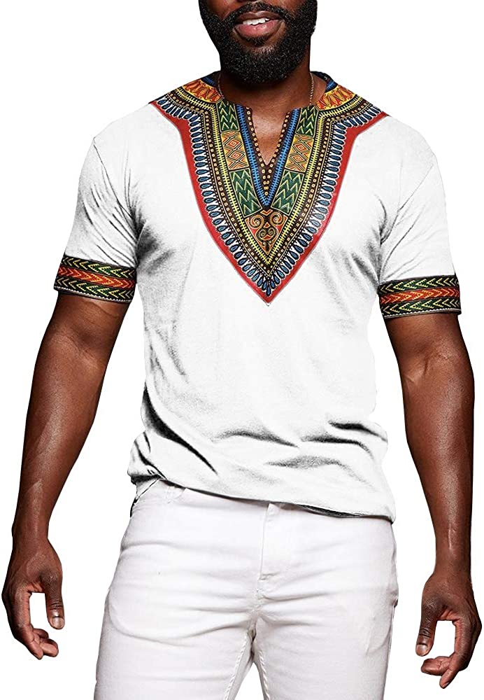 Makkrom Mens Dashiki African Tribal Floral V Neck Short Sleeve T Shirt  Blouse To | eBay