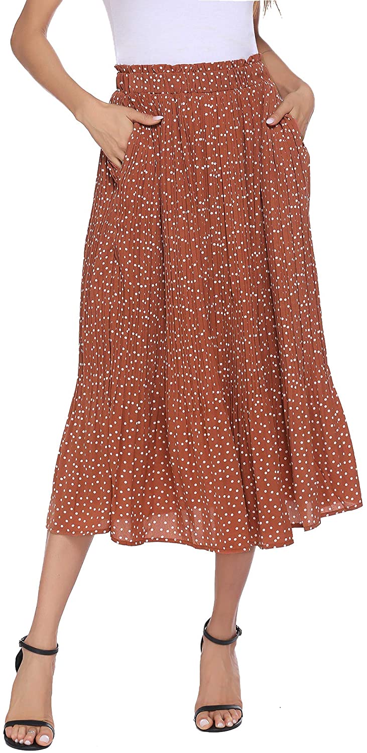 Parabler Women's Bohemian Print Skirt Elastic High Waist A Line Maxi Skirt with Pockets 