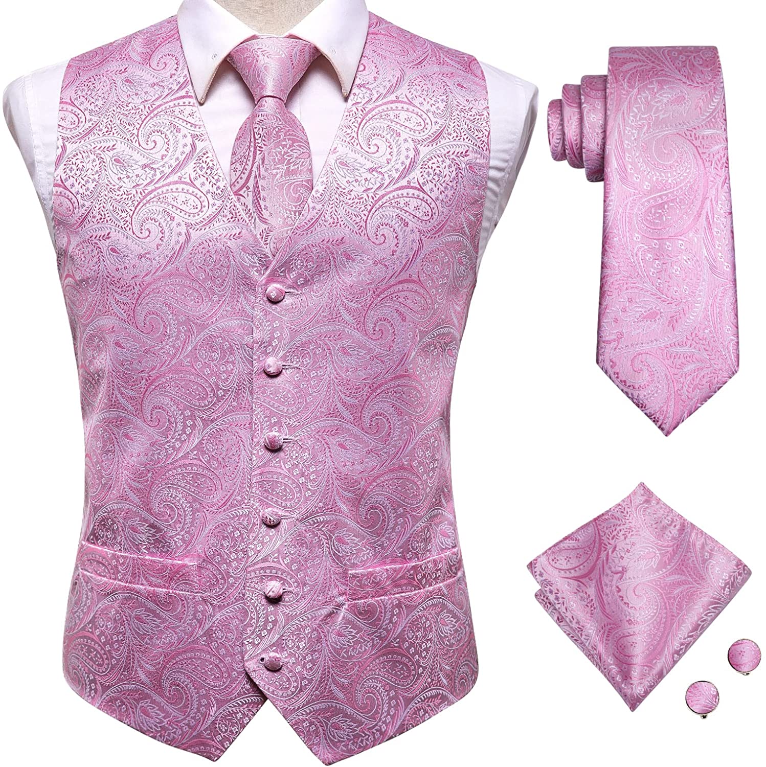 Hi-Tie Men's 4pc Waistcoat Vest Necktie Pocket Square Cufflinks Set For Suit or Tuxedo More Color for Choose 
