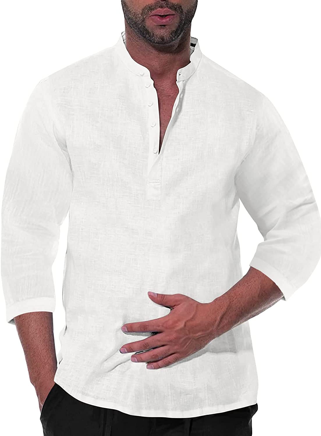 Karlywindow Mens Linen Henley Shirts Long Sleeve Hippie Yoga Summer Beach Casual Henleys T-Shirt 
