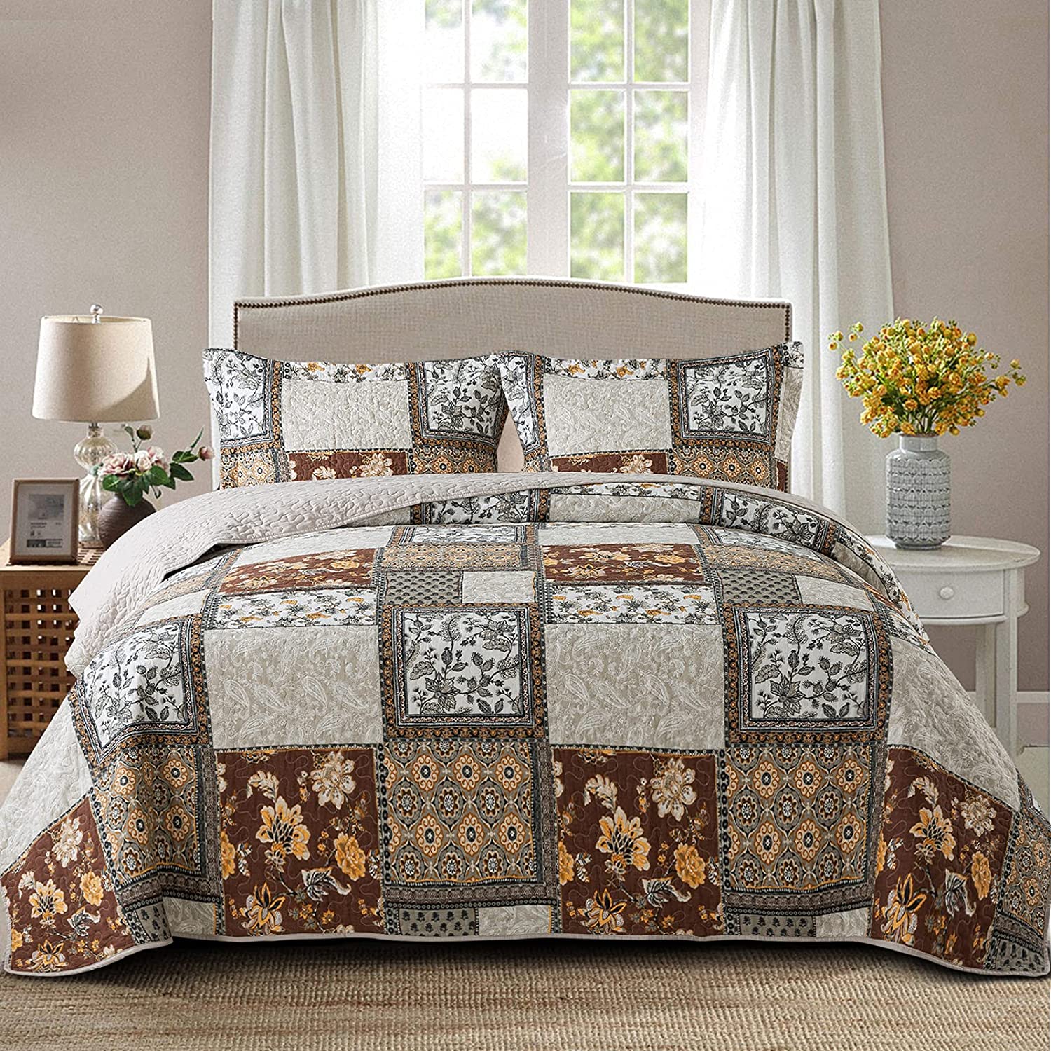 NEWLAKE Cotton Bedspread Quilt Sets-Reversible Patchwork Coverlet Set,  Purple Cl