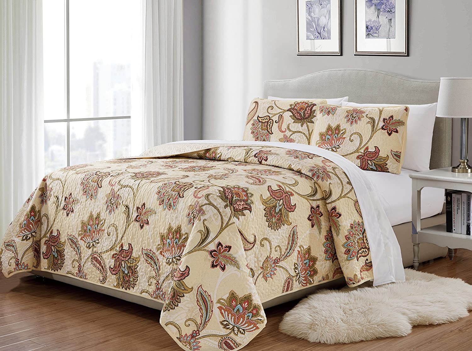 MK Home 3pc King/California King Bedspread Quilted Print Floral Beige ...