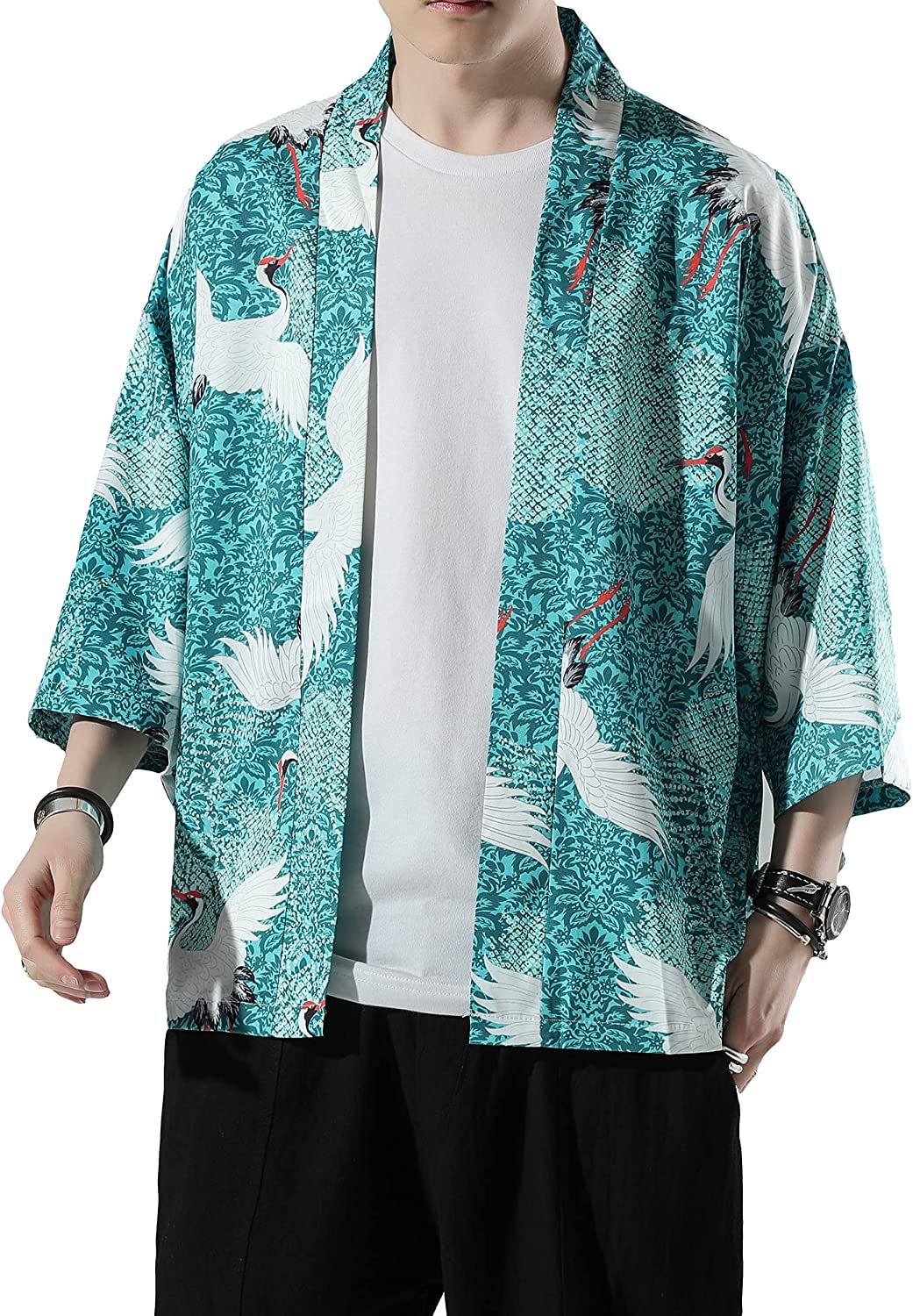 PRIJOUHE Men's Lightweight Kimono Jacket Seven Sleeve Open Front Cardigan  Coat J
