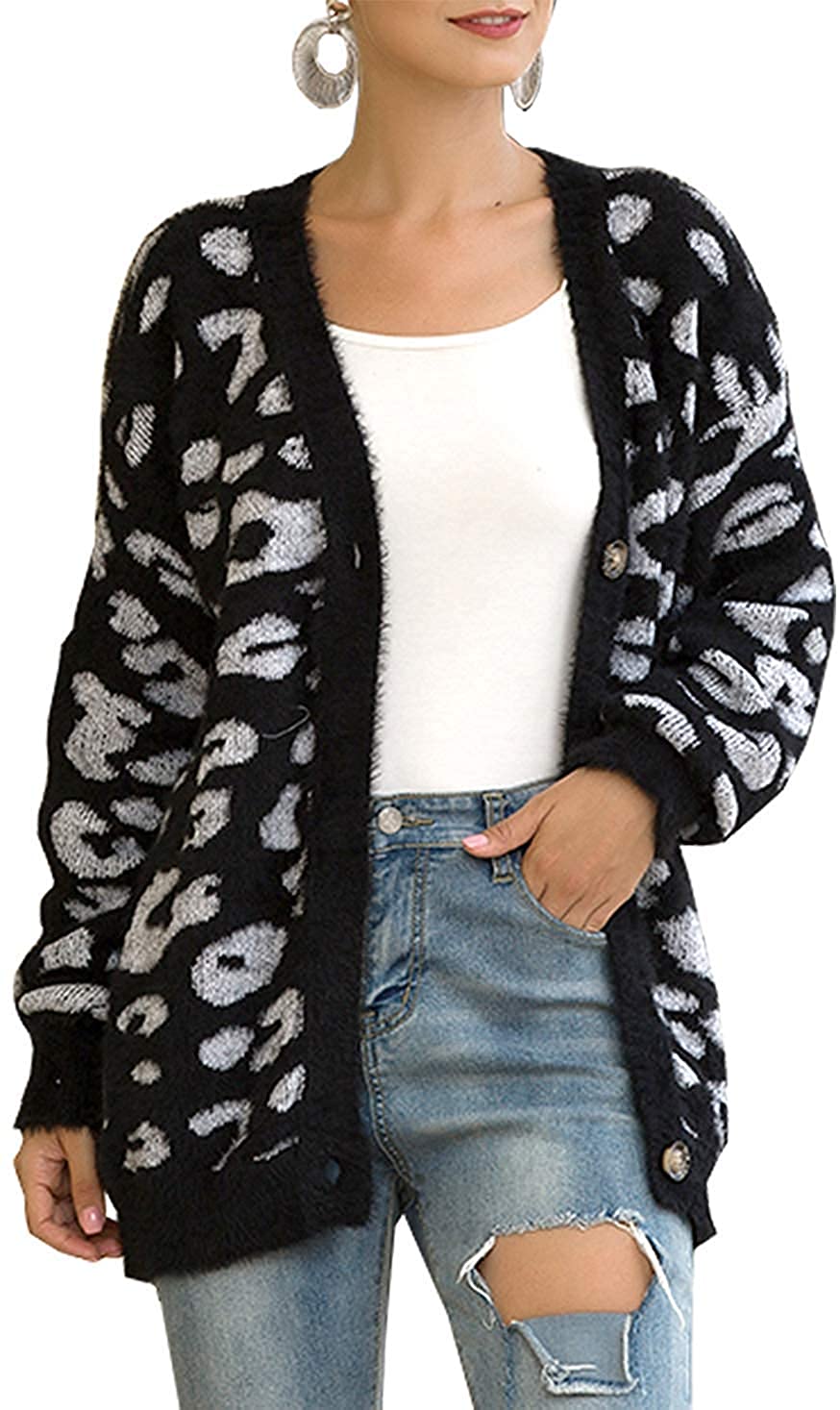 ZESICA Women's Long Sleeves Open Front Leopard Print Knitted Sweater Cardigan Coat Outwear 