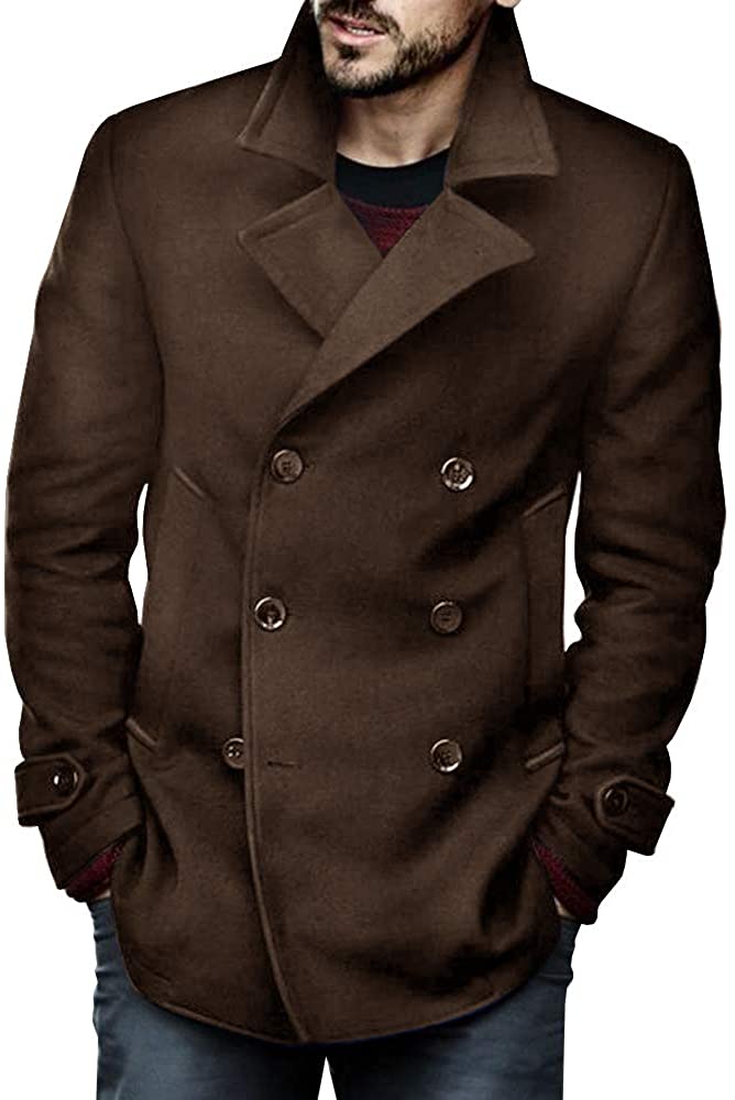 PASLTER Mens Classic Business Pea Coat Winter Warm Double Breasted
