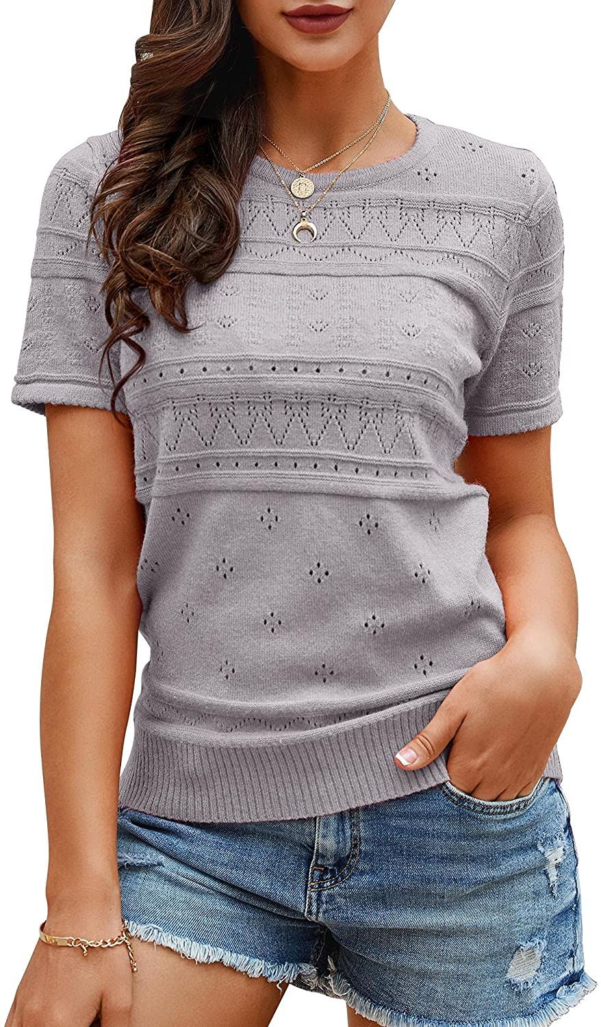 Foshow Womens Puff Short Sleeve Sweaters Tops Spring Soft Crew Neck Dot Pullover Shirt Lightweight Knit Sweater Blouse