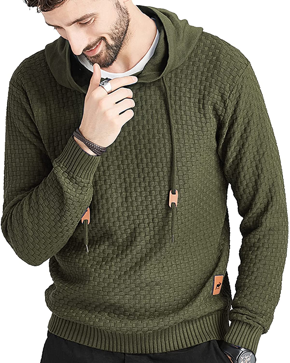 Zaitun Mens Hooded Sweatshirt Long Sleeve Solid Knitted Hoodie Pullover  Sweater