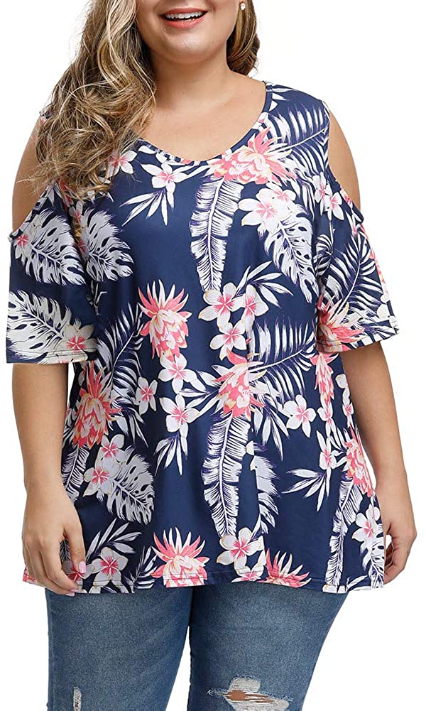 ALLEGRACE Women's Plus Size Summer Cold Shoulder Tunic Top Short Sleeve ...