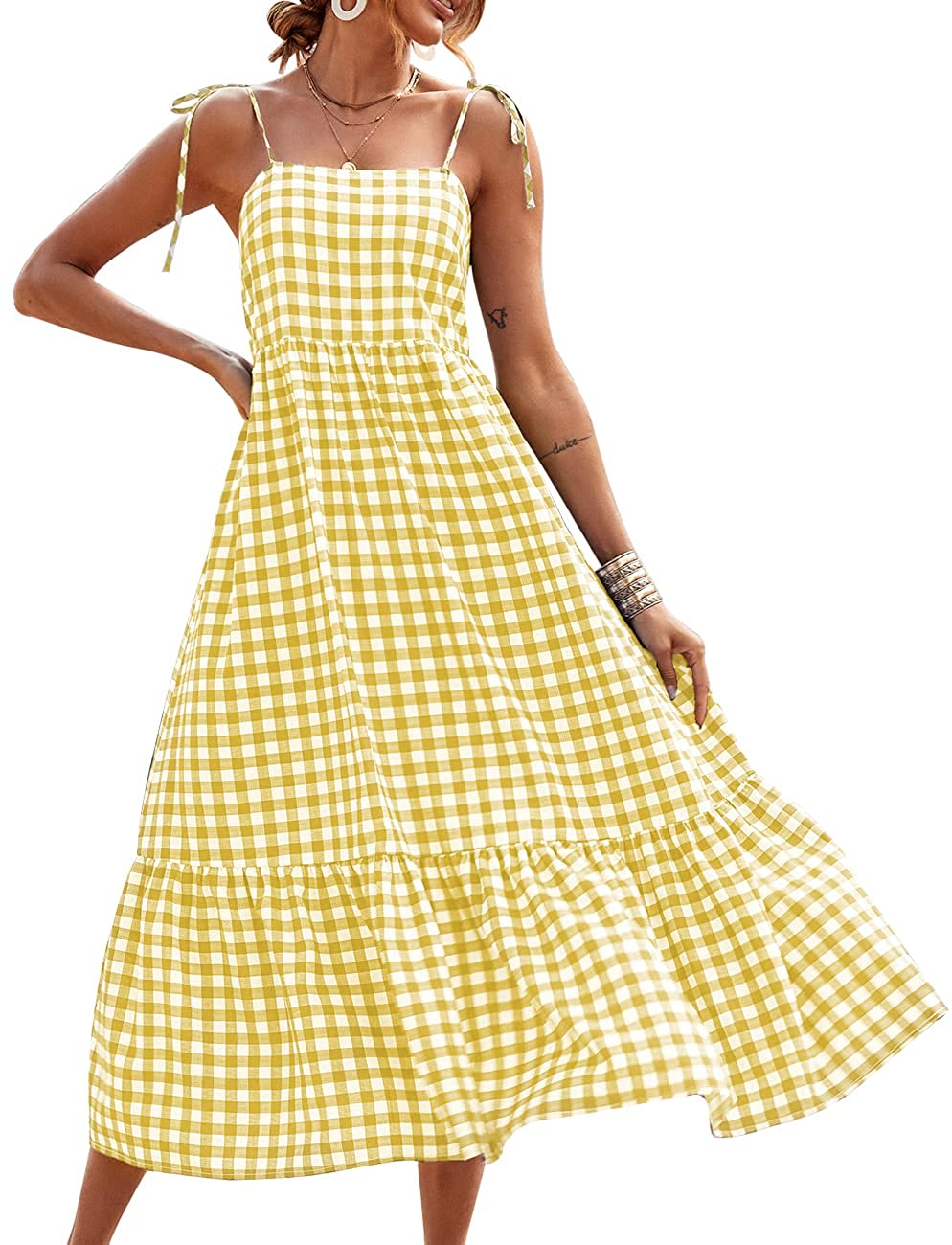 PRETTYGARDEN Summer Dress for Women Plaid Spaghetti Strap Square Neck  Tiered Ruf