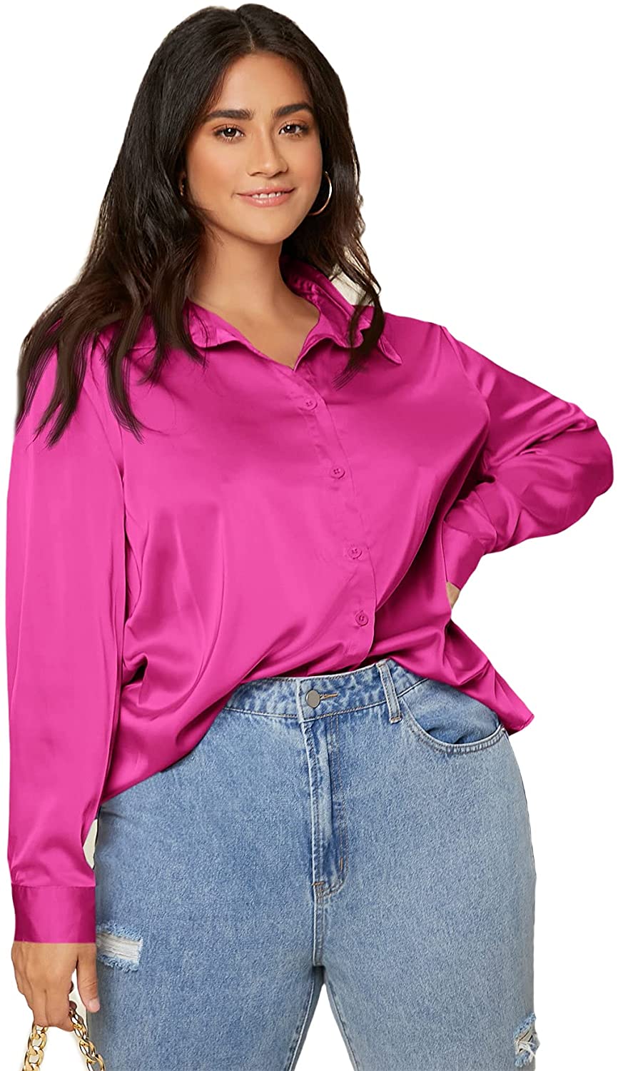 SOLY HUX Women's Satin Silk Long Sleeve Button Down Shirt Formal