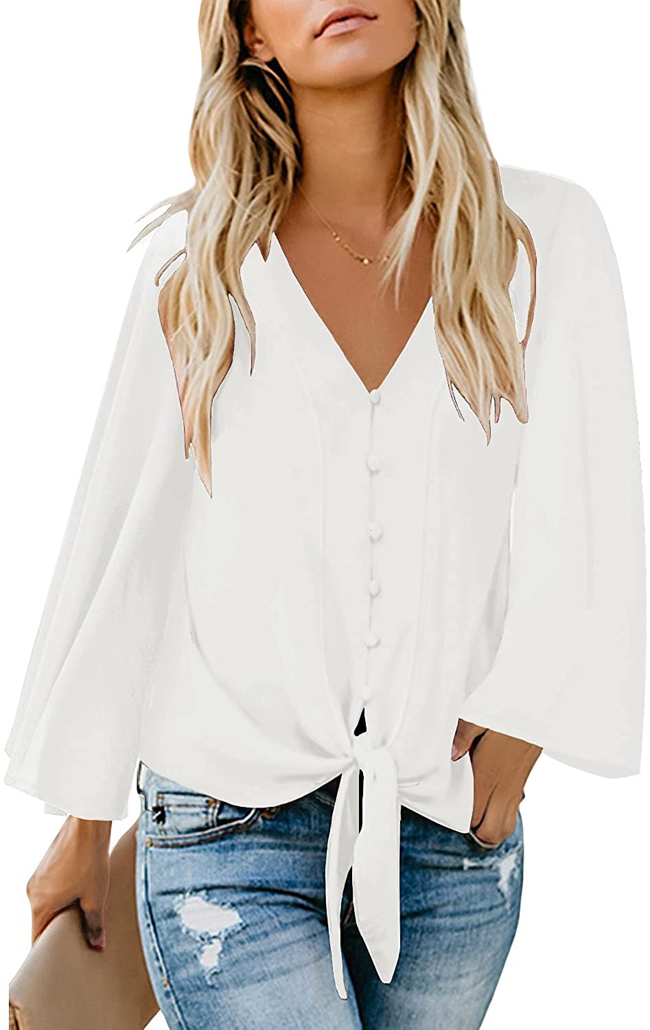 luvamia Womens V Neck Button Down Shirts Casual Long Sleeve Tie Knot Tops Blouses