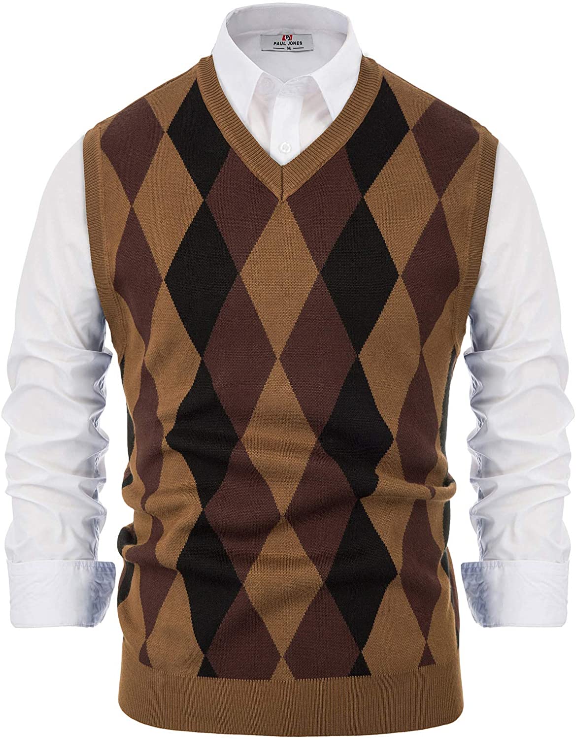 PJ PAUL JONES Mens Argyle Sweater Vest Knitted Casual V-Neck Pullover Vest