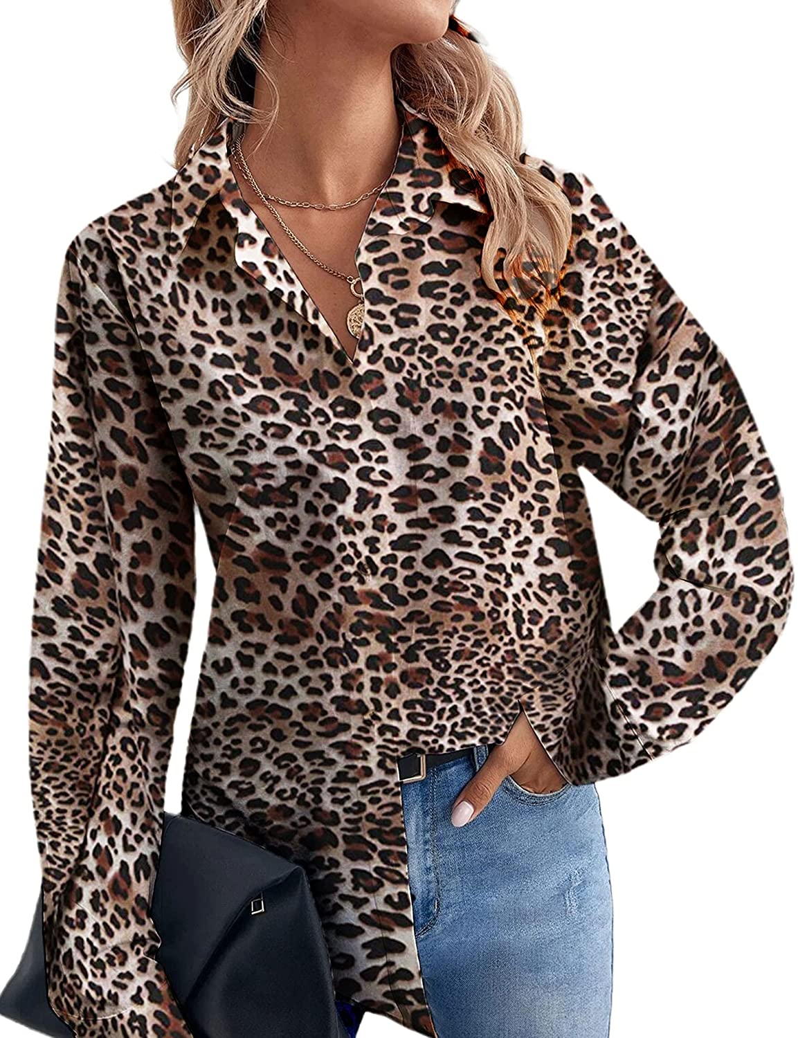 Avanova Womens Casual Leopard Print Tops Blouse V Neck Long Sleeve Button Down Shirt