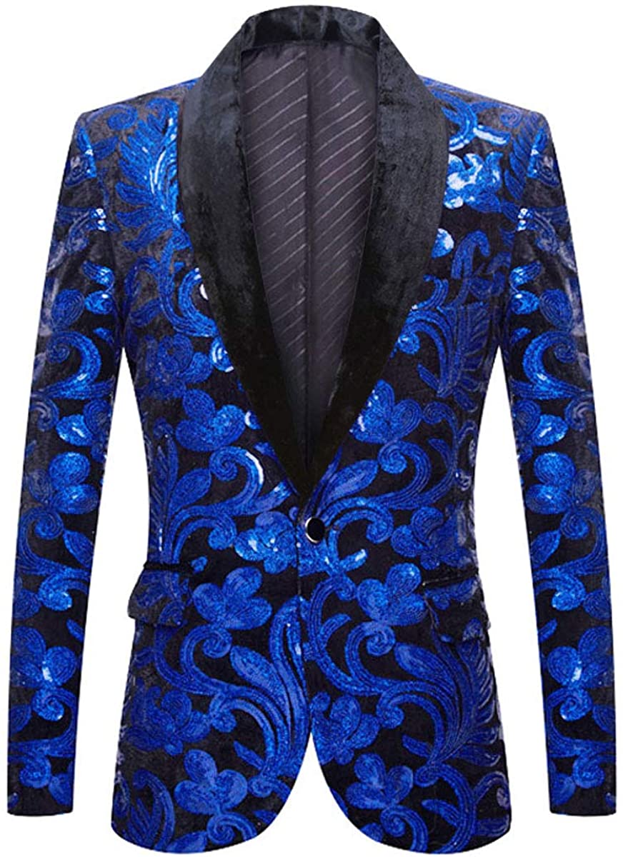 PYJTRL Men Fashion Velvet Sequins Floral Pattern Suit Jacket Blazer 