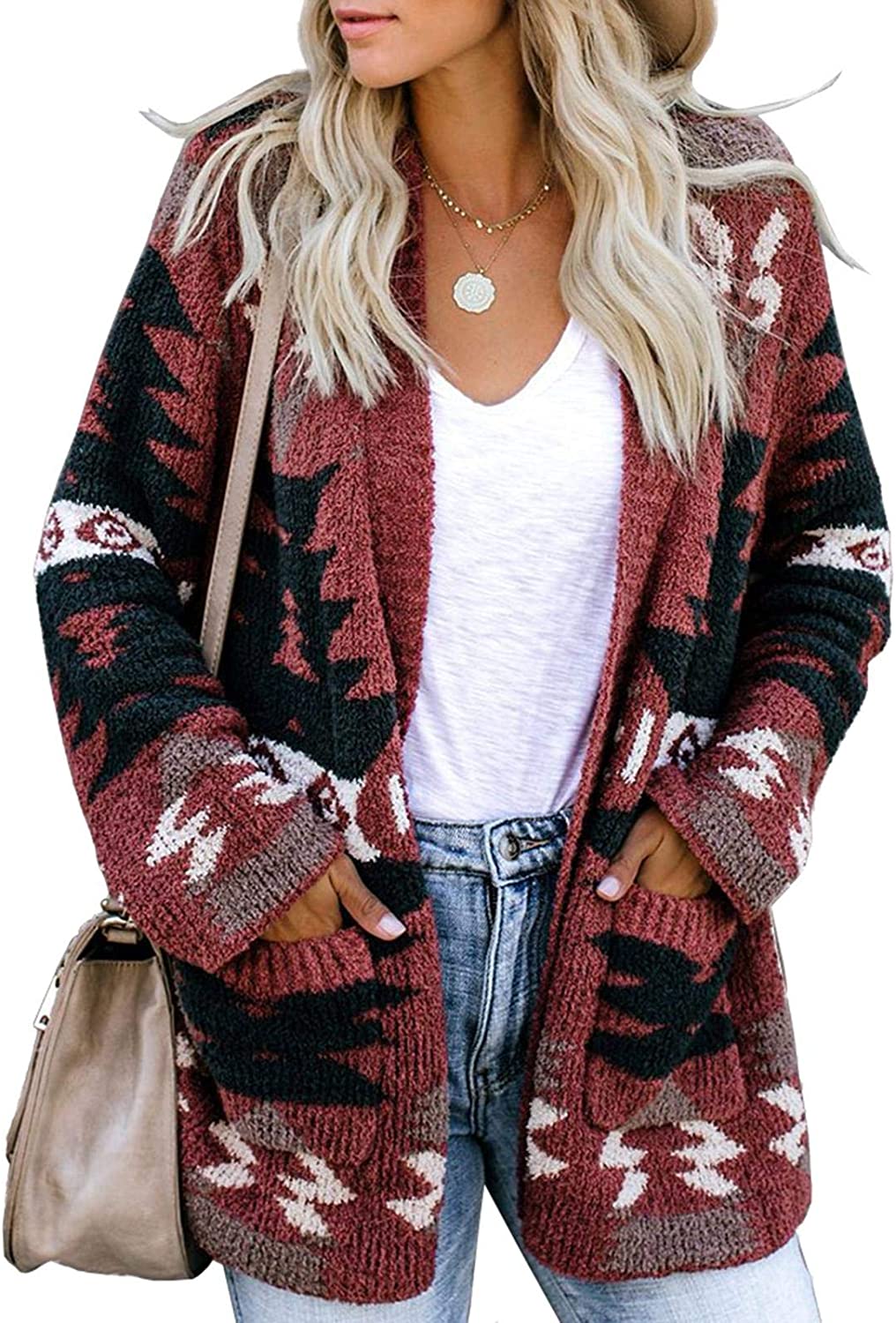 FERBIA Women Boho Cardigan Sweater Long Open Front Maxi Knit Sweaters Aztec Tribal Tassel Fringe Thin Coat