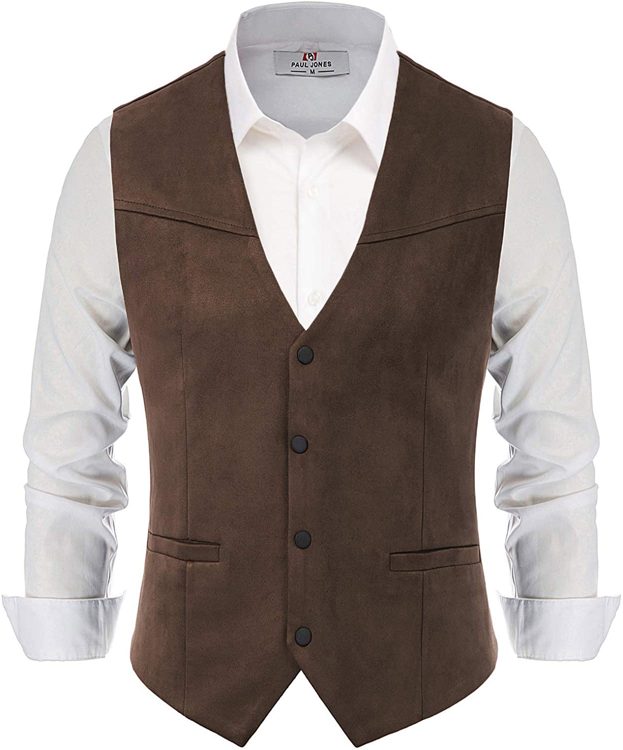 Paul Jones Mens Suede Leather Suit Vest Casual Western Cowboy Waistcoat Vest 