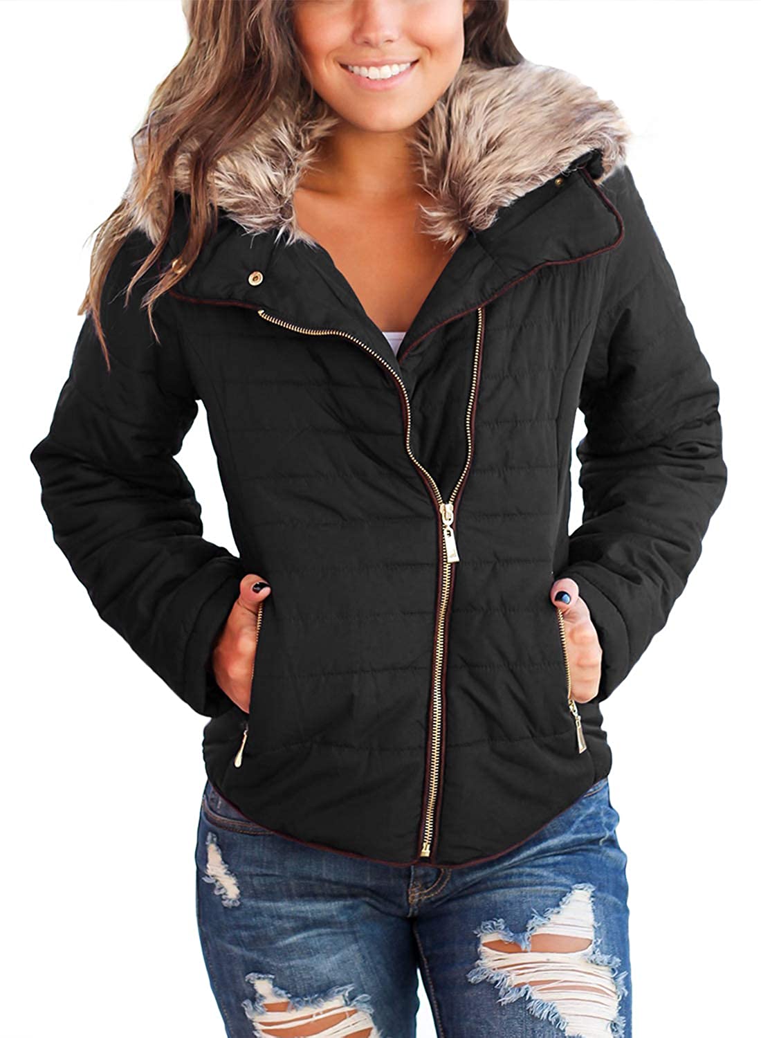 Sidefeel Women Faux Fur Collar Zip Up Front Coat Quilted Jac