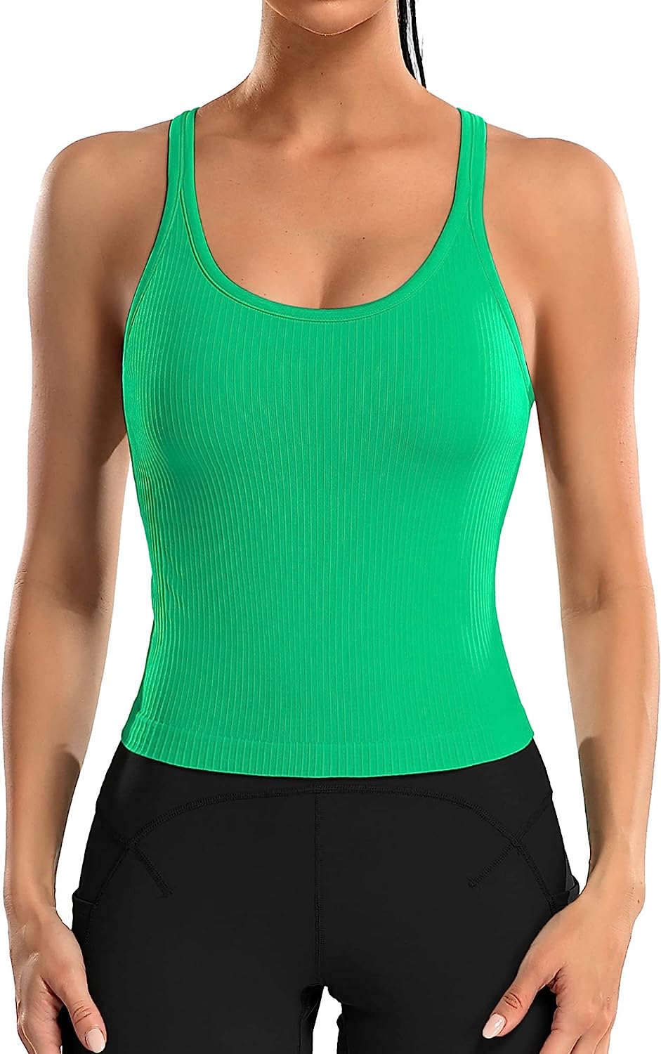 ATTRACO Women Ribbed Workout Crop Tops with Built in Bra Yoga Racerback  Tank Top