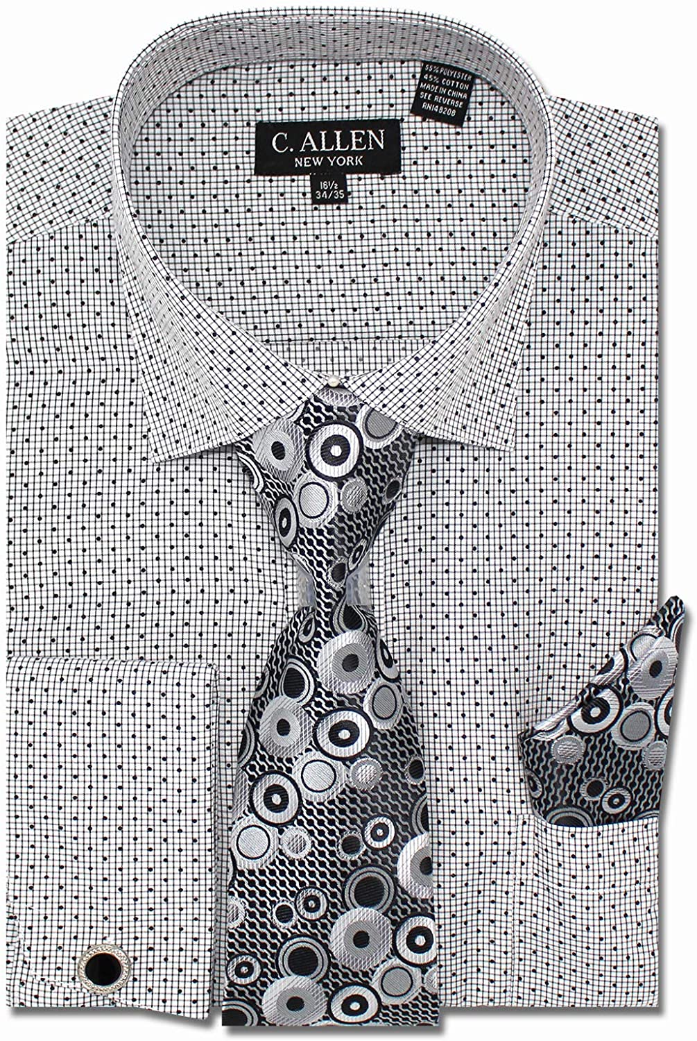 Men's Micro Dots Dress Shirt w Tie Hanky Cufflinks 