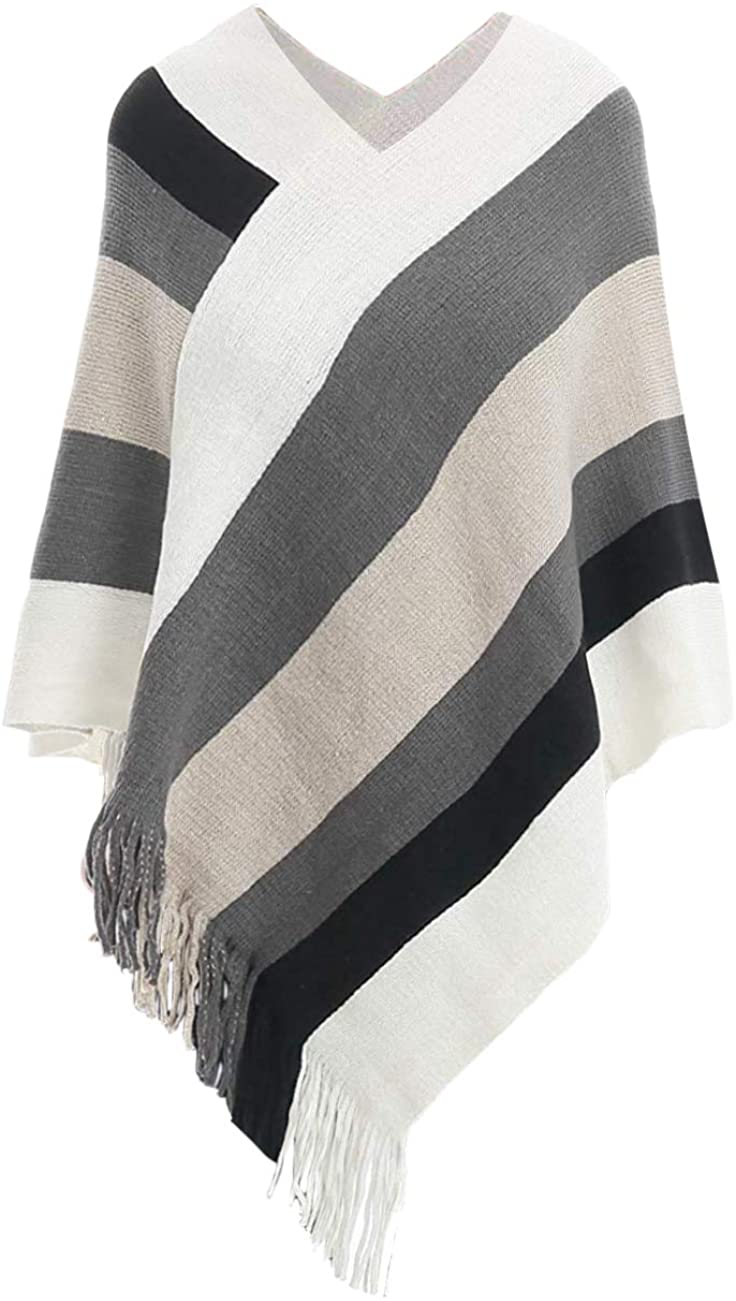 Women's Elegant Knitted Sweater Tassels Cloak Poncho Top Stripe Fringe Cape  Shaw