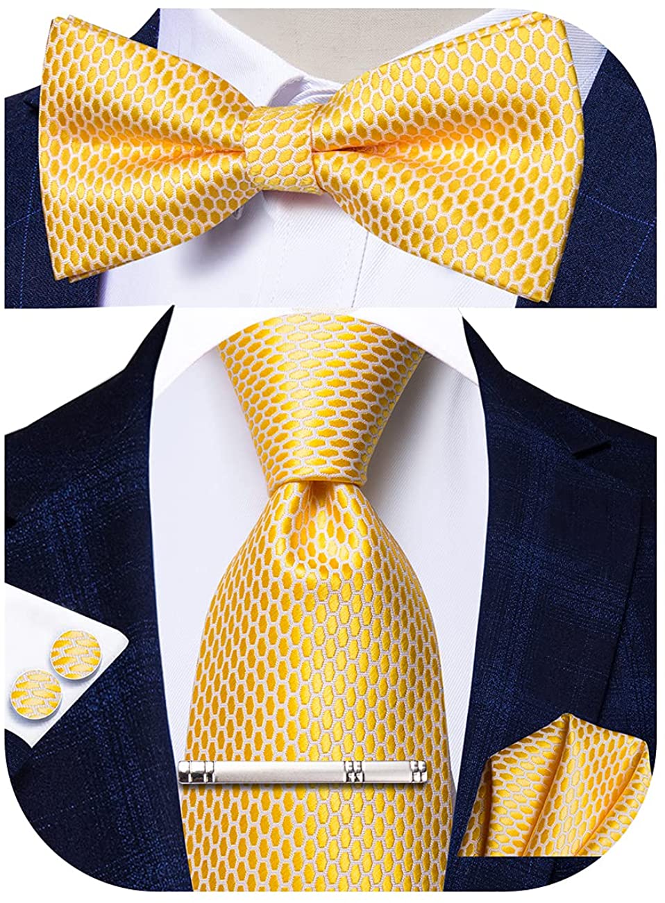 Hi-Tie Men Stripes Tie Handkerchief Necktie with Cufflinks and Pocket Square Tie Set 1430