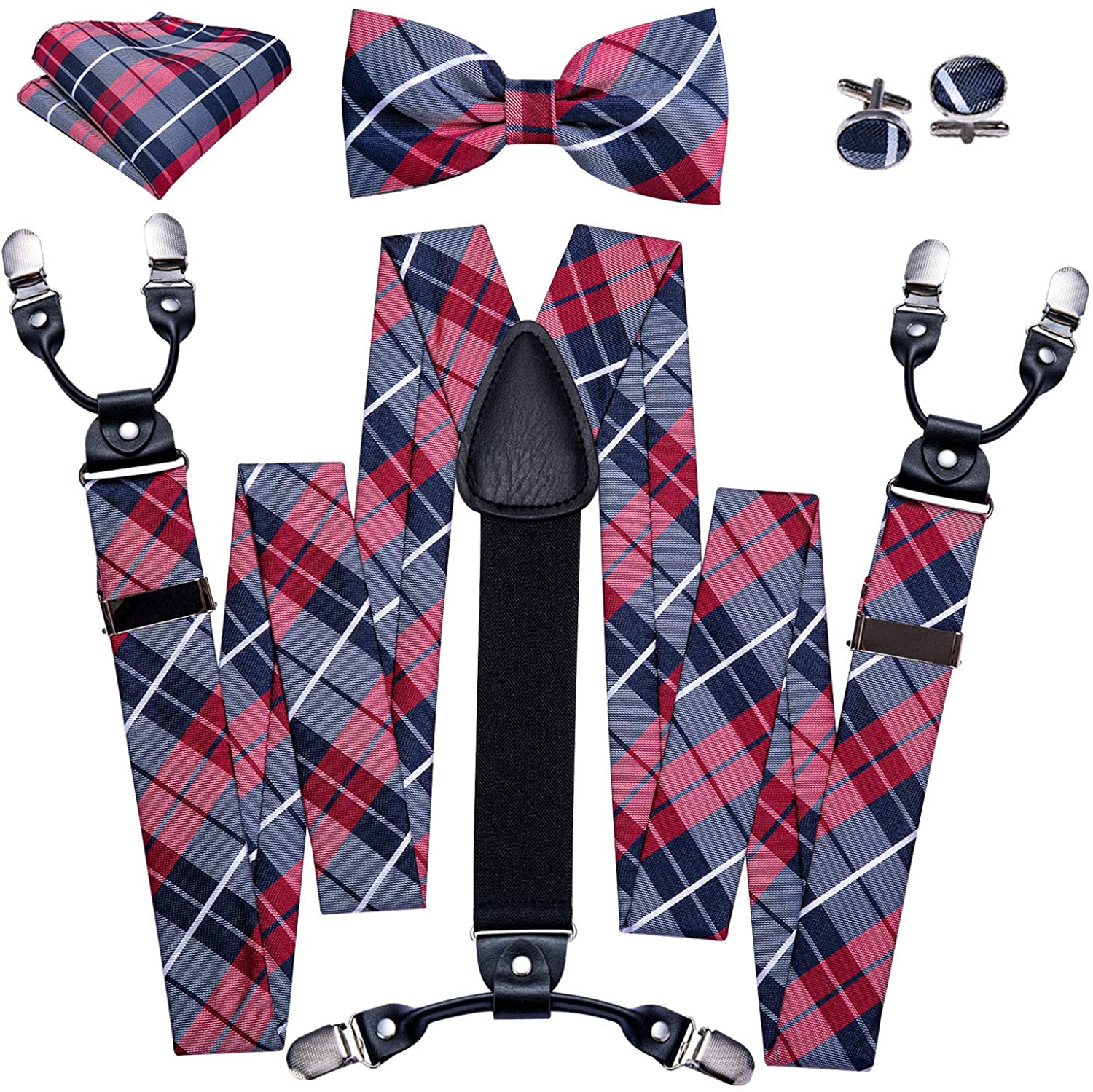 Barry.wang Red Black Paisley Bow Tie Y Back Adjustable Suspenders Set for  Men