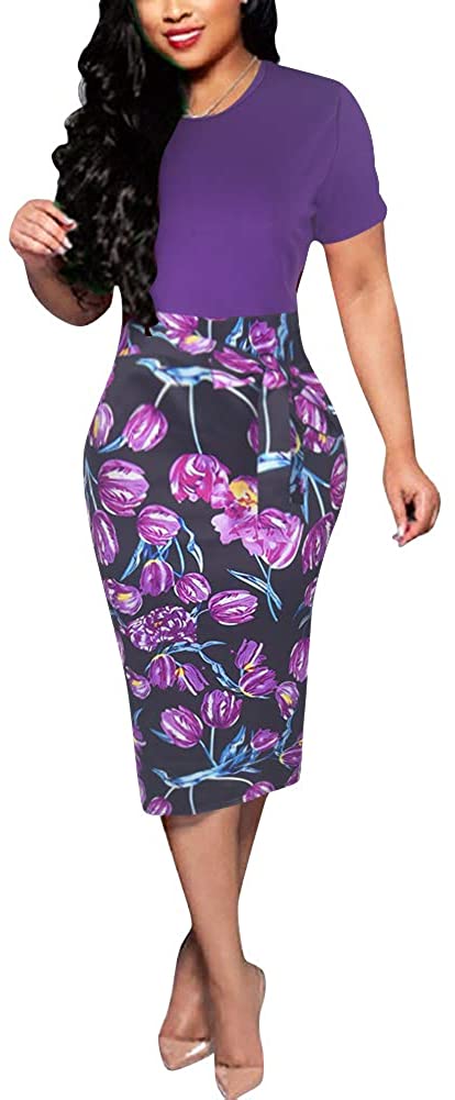 Womens Bodycon Dress Midi Work Casual Floral Prints Pencil Dresses with Belt 