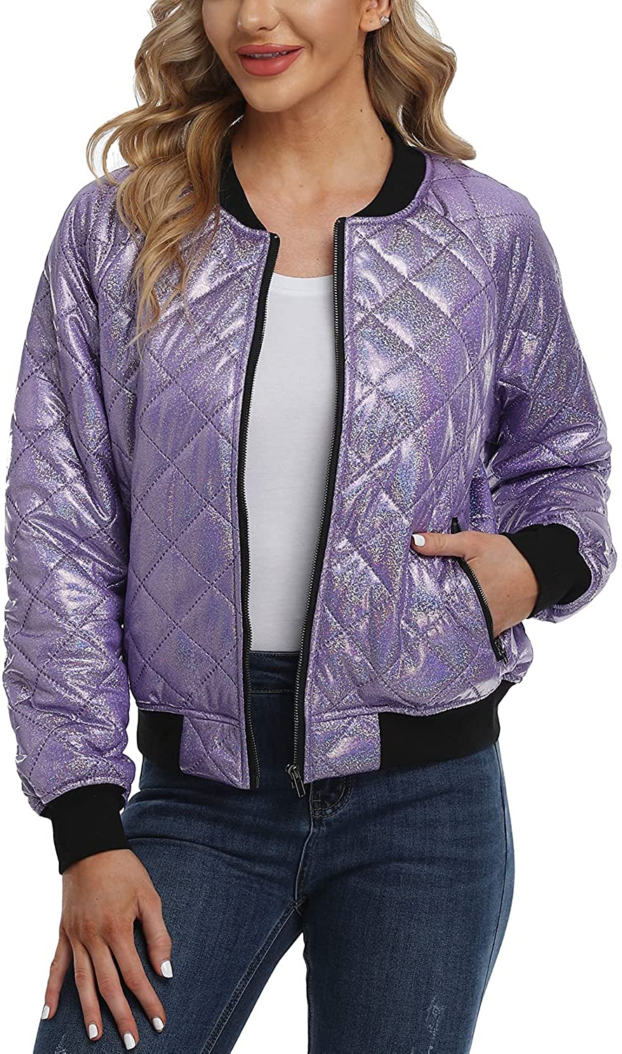 andy & natalie Womens Quilted Jacket Long Sleeve Zip up Raglan Bomber Jacket with Pockets 