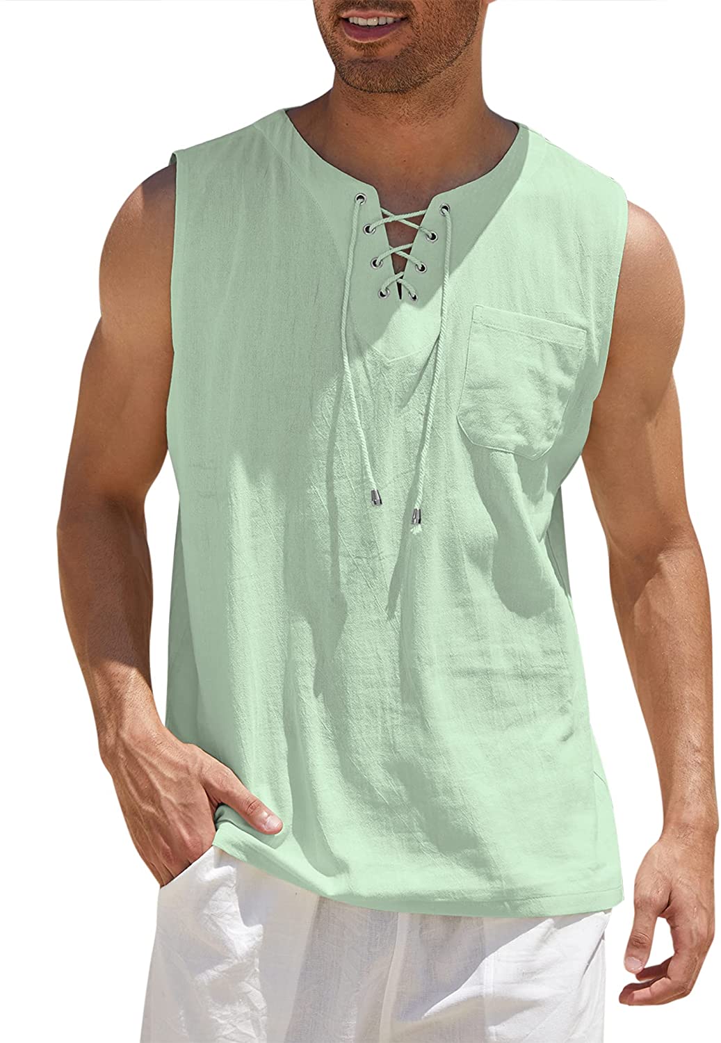 COOFANDY Men's Cotton Linen Tank Top Shirts Casual Sleeveless Lace Up Beach Hippie Tops Bohemian Renaissance Pirate Tunic 