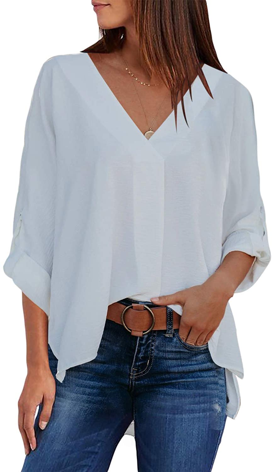 Astylish Women Casual Solid Cuffed Tab Sleeve High Low V Neck Blouse Tops