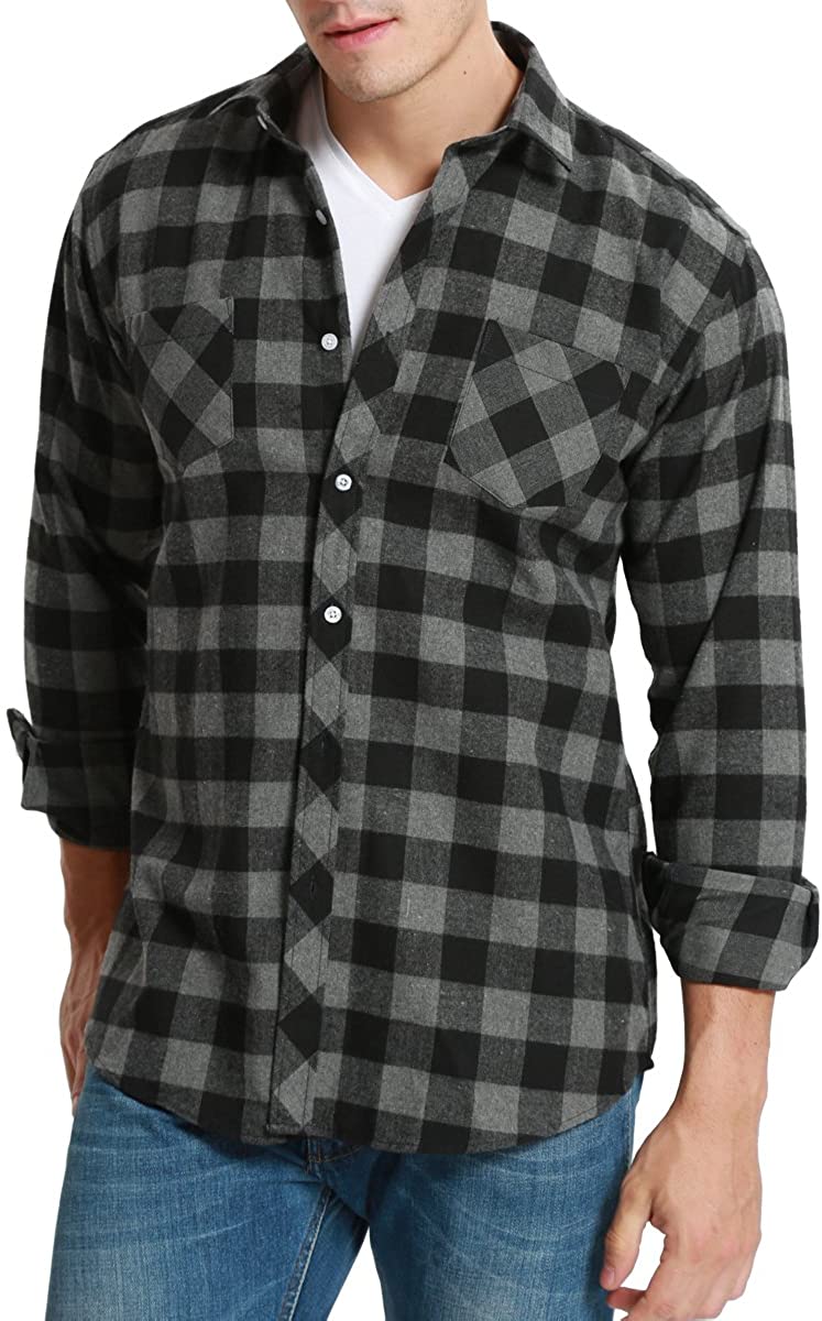 Dioufond Men Flannel Shirt Long Sleeve Button Down Mens Checked Shirts