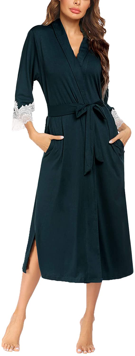 Lightweight Soft Cotton Sleepwear Robes Ankle Long Knit Bathrobe Ladies Loungewear Ekouaer Women Kimono Robes 