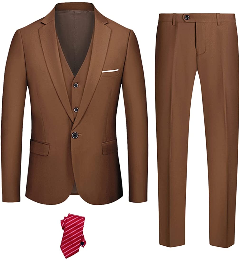 YND Men's Slim Fit 3 Piece Suit Set, One Button Solid Blazer Vest Pants  with Tie